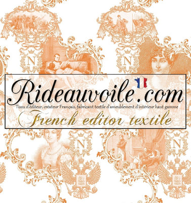 Rideauvoile French editor TEXTILE upholsterer Luxury interior decorating home fabrics. Toile de Jouy orange issu d'éditeur créateur ameublement mètre rideau sur mesure décoratrice d’intérieur agencement architecte ignifugé, occultant. Confection couture voilage, rideau, coussin,.