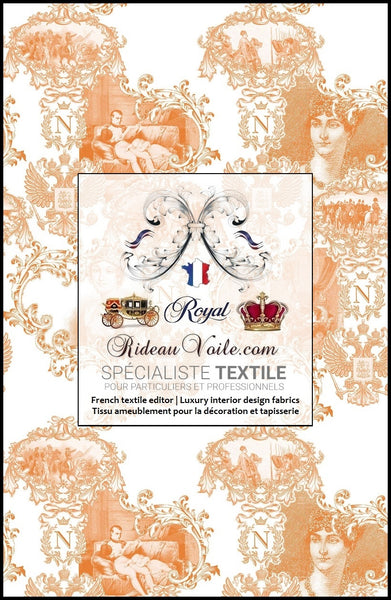 Rideauvoile French editor TEXTILE upholsterer Luxury interior decorating home  fabrics. Toile de Jouy orange issu d'éditeur créateur ameublement mètre rideau sur mesure décoratrice d’intérieur agencement architecte ignifugé, occultant. Confection couture voilage, rideau, coussin,.