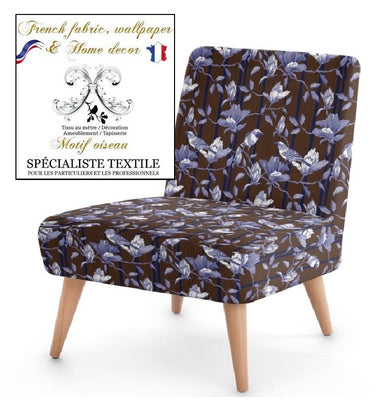 Rideauvoile | Sélection étoffe Toile de Jouy Tissus éditeur français ameublement marron chocolat rayures bleu ligne imprimés motif oiseaux fleur feuilles mètre. Décoratrice architecte designer intérieur ignifugé, rideau occultant, voilage, lin, velours. Couturière Paris Versailles rideau.