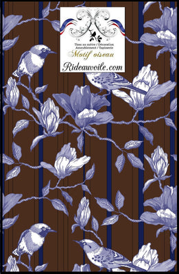 Rideauvoile | Sélection étoffe Toile de Jouy Tissus éditeur français ameublement marron chocolat rayures bleu ligne imprimés motif oiseaux fleur feuilles mètre. Décoratrice architecte designer intérieur ignifugé, rideau occultant, voilage, lin, velours. Couturière Paris Versailles rideau.