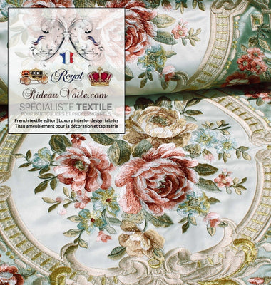 Tissu velours d'ameublement éditeur fournisseurs fabricant d'intérieur textile pour la décoration et la tapisserie. Tissu brodé broderie style Baroque Aubusson bouquet de fleurs de Rose. Velours au mètre, confection rideau, coussin sur mesure Paris boutique.