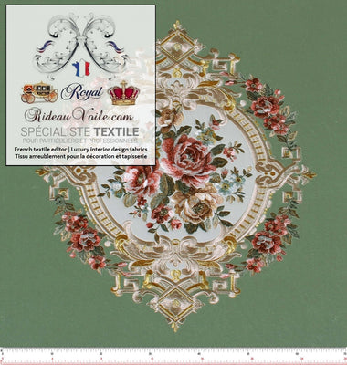 Tissu velours d'ameublement éditeur fournisseurs fabricant d'intérieur textile pour la décoration et la tapisserie. Tissu brodé broderie style Baroque Aubusson bouquet de fleurs de Rose. Velours au mètre, confection rideau, coussin sur mesure Paris boutique.