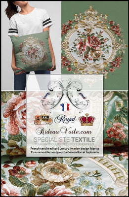 Tissu velours d'ameublement éditeur fournisseurs fabricant d'intérieur textile pour la décoration et la tapisserie. Tissu brodé broderie style Baroque Aubusson bouquet de fleurs de Rose. Velours au mètre, confection rideau, coussin sur mesure Paris boutique.