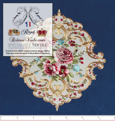 Tissu velours d'ameublement éditeur fournisseurs fabricant d'intérieur textile pour la décoration et la tapisserie. Tissu brodé broderie style Baroque Aubusson bouquet de fleurs de Rose. Velours au mètre, confection rideau, coussin sur mesure Paris boutique luxe Versailles.