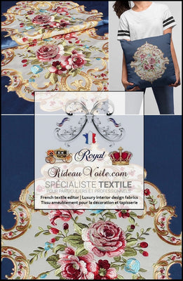 Tissu velours d'ameublement éditeur fournisseurs fabricant d'intérieur textile pour la décoration et la tapisserie. Tissu brodé broderie style Baroque Aubusson bouquet de fleurs de Rose. Velours au mètre, confection rideau, coussin sur mesure Paris boutique luxe Versailles.