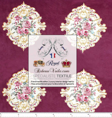 Tissu velours d'ameublement éditeur fournisseurs fabricant d'intérieur textile pour la décoration et la tapisserie. Tissu brodé broderie style Baroque Aubusson bouquet de fleurs de Rose. Velours au mètre, confection rideau, coussin sur mesure Paris boutique luxe Versailles.