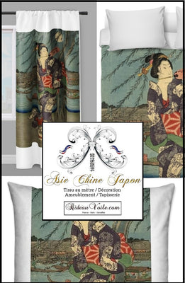 Tissu ameublement motif Japonais Geisha au mètre décoration Asie occultant ignifugé