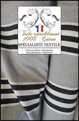 Boutique Paris tissu ameublement Toile à lignes 100% coton Tissu à tapissier dit Toile à matelas rayés lignes gris noir blanc au mètre
