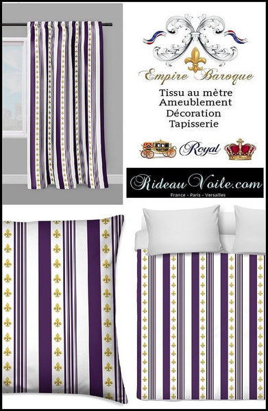 Tissu Empire motif Fleurs de Lys Or rayures pourpre mètre liturgique Ornement rayé imprimé rideaux ameublement tapisserie ignifugé occultant, voilage, couette, Muster Streifen. Striped curtain fabric upholstery tapestry. Tessuto stile Direttorio Empire impero stoffe. Raidallinen verhokangas.