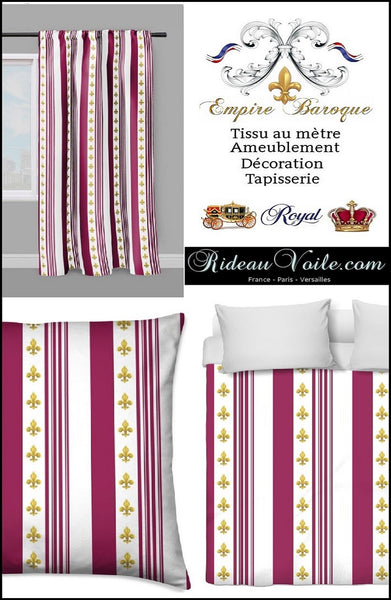 Tissu Empire motif Fleurs de Lys Or rayures mètre liturgique Ornement rayé imprimé rideaux ameublement tapisserie ignifugé occultant, voilage, couette, Muster Streifen. Striped curtain french fabric upholstery tapestry. Tessuto stile Direttorio Empire impero stoffe. Raidallinen verhokangas.