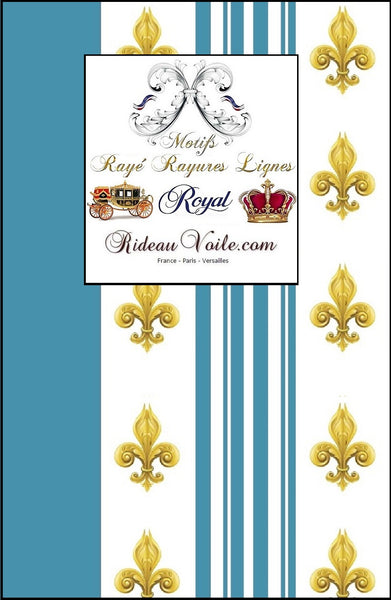 Tissu Empire motif Fleurs de Lys Or rayures bleu mètre liturgique Ornement rayé imprimé rideaux ameublement tapisserie ignifugé occultant, voilage, couette, Muster Streifen. Striped curtain fabric upholstery tapestry. Tessuto stile Direttorio Empire impero stoffe. Raidallinen verhokangas.