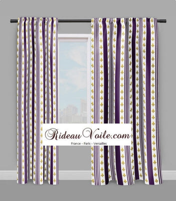 Tissu Style Empire motif Fleurs de Lys Or à rayures violet au mètre rideau