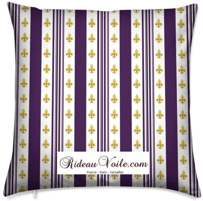 Tissu Style Empire motif Fleurs de Lys Or à rayures violet au mètre rideau