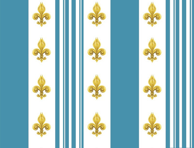 Tissu Style Empire motif Fleurs de Lys Or à rayures bleu turquoise mètre rideau