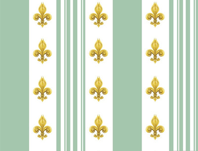 Tissu Style Empire motif Fleurs de Lys Or à rayures vert mètre rideau