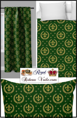 Rideauvoile tissu imprimé vert Empire au mètre Couronne de Laurier motif Fleur de lys o sur Rideau ignifugé, occultant, voilage, couette, coussin, édredon, boutis sur mesure. Tapisserie décoration siège fauteuil bergère salon, chambre, cuisine.