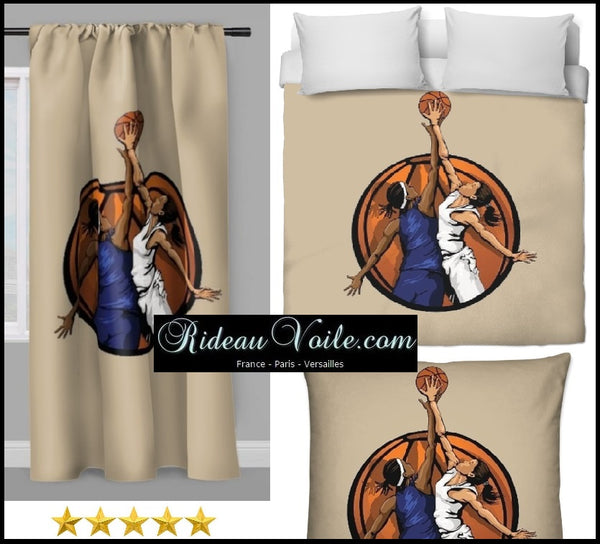 Tissu au mètre sport motif basketball ballon joueur joueuse rideau beige coussin couette