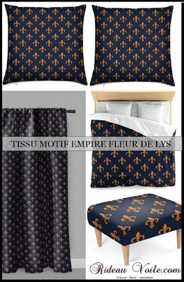 Tissu haut gamme motif fleur de Lys bleu Empire au mètre rideau tapisserie siège