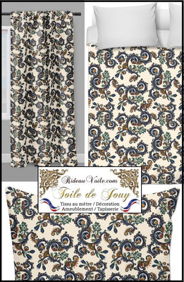 Tissu décoration ameublement luxe Toile de Jouy fleur mètre rideau voilage tapisserie