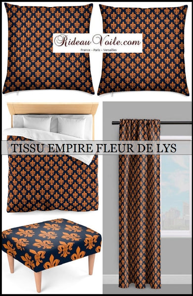 Boutique Tissu déco style Empire fleur de Lys orange au mètre rideau tapisserie bleu