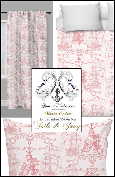 Tissu Toile de Jouy motif bateau Marin au mètre rose