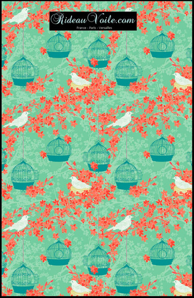 Boutique joli tissu au mètre vert motif oiseaux fleur rideau couette tapisserie siège