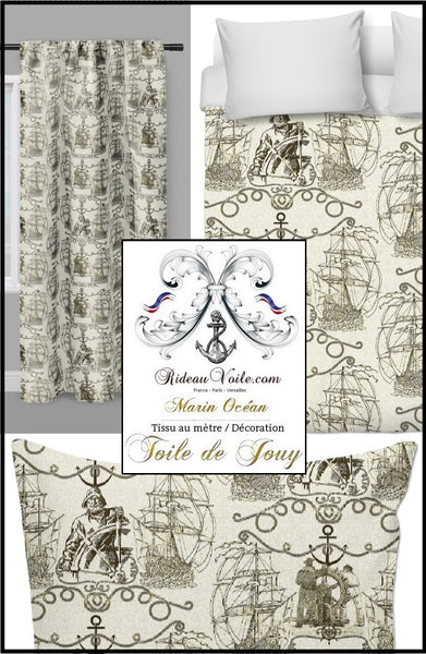 Tissu Toile de Jouy motif bateau Marin au mètre sépia vert Toile de Jouy d'Ameublement tapisserie motif imprimé bateau Marin Pêcheur au mètre rideau