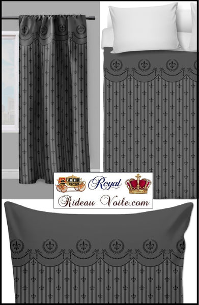 Tissu au mètre motif Style Empire fleur de Lys à rayures rayés noir gris rideau déco