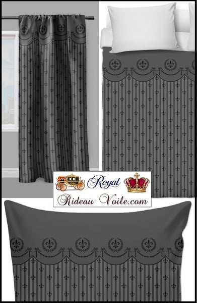 Tissu au mètre motif Style Empire fleur de Lys à rayures rayés noir gris rideau déco