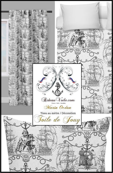 Tissu Toile de Jouy motif bateau Marin au mètre noir