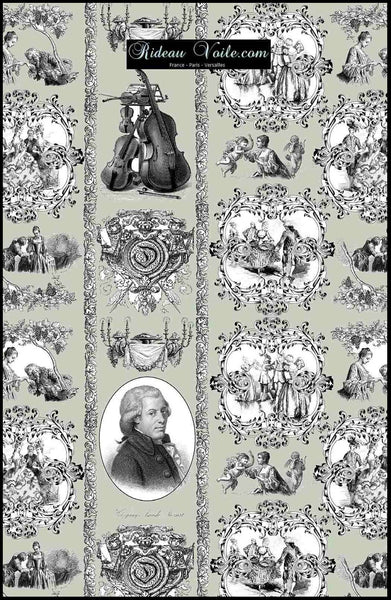 Tissu voilage Toile de Jouy MOZART au mètre rideau tapisserie ameublement vert