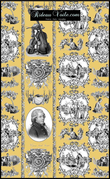 Tissu rideau voilage Toile de Jouy MOZART au mètre tapisserie ameublement jaune