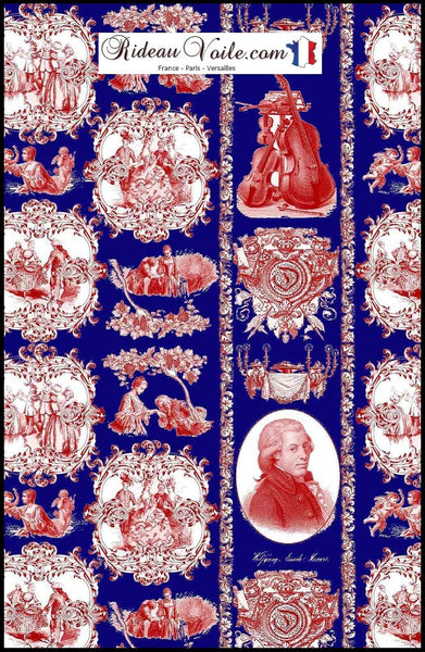 Boutique tissu à motif Toile de Jouy bleu rouge au mètre décoration d’intérieure