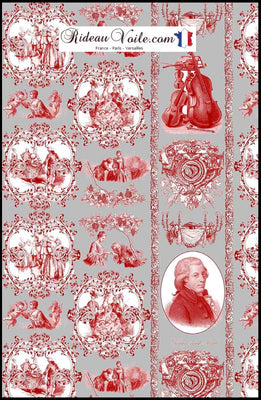 Boutique tissu à motif Toile de Jouy gris rouge au mètre décoration d’intérieure