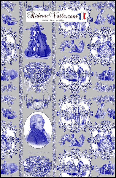 Tissu ameublement au mètre tapisserie Toile de Jouy bleu gris