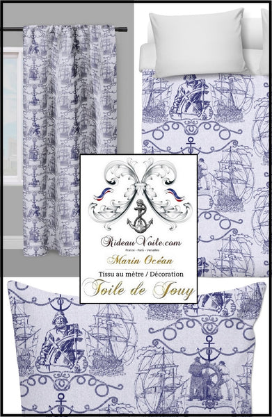 Tissu ameublement Toile de Jouy motif Marin au mètre bleu