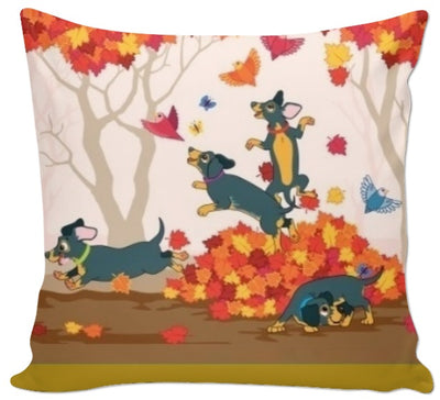 Chien animal motif chiot jeux feuilles automne rideau couette coussin tissu au mètre vert