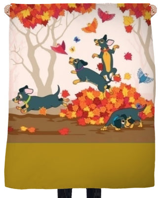 Chien animal motif chiot jeux feuilles automne rideau couette coussin tissu au mètre vert