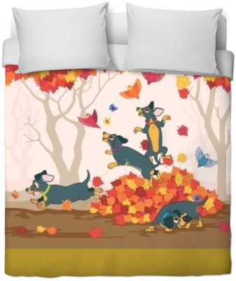 Chien animal motif chiot jeux feuilles automne rideau couette coussin tissu au mètre vert