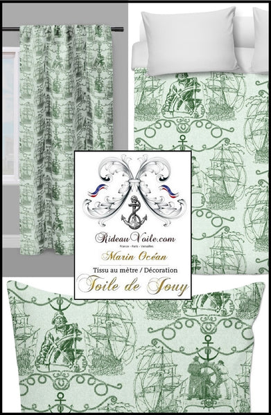 Tissu ameublement Toile de Jouy motif Marin au mètre vert