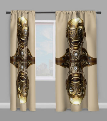 Tissu au mètre motif tête métal Steampunk visage mécanique rideau coussin couette beige