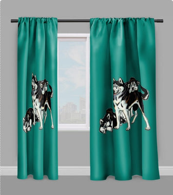Décoration d'intérieure textile tissu motif chien Husky rideau coussin couette vert