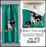Décoration d'intérieure textile tissu motif chien Husky rideau coussin couette vert