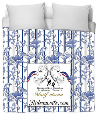 Rideauvoile | Haute couture luxe Toile de Jouy Tissus bleu grands éditeurs français ameublement rayures ligne imprimés motif oiseaux fleur mètre. Décoratrice architecte design intérieur ignifugé, rideau occultant, voilage. French editor textile luxury interior fabrics upholsterer.