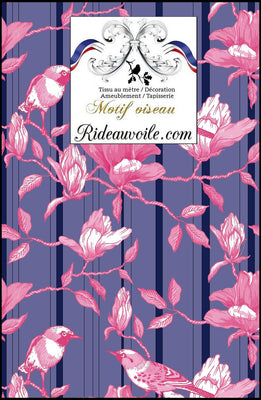 Boutique mondial décoration haut gamme tissu motif fleur oiseaux rayures rose bleu violet rideau canapé au mètre.  sur mesure ignifugé, occultant, voilage, lin, velours. Tapisserie siège fauteuil. Paris Society aménagement rénovation