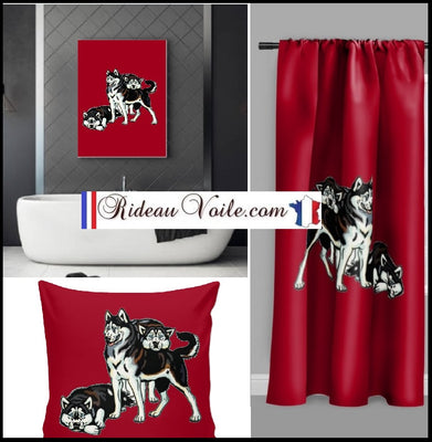 Décoration animal tissu au mètre motif chien Husky rideau coussin couette rouge