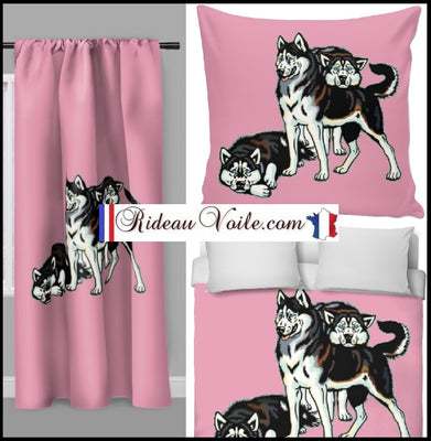 Décoration animal motif chien Husky tissu rideau coussin couette fond rose