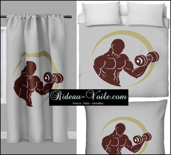 Motif sport rideau coussin couette Fitness musculation full body  tissu gris au mètre