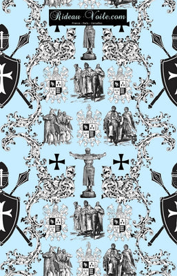 Tissu toile de Jouy bleu au mètre rideau couette coussin motif l'Ordre des Templiers