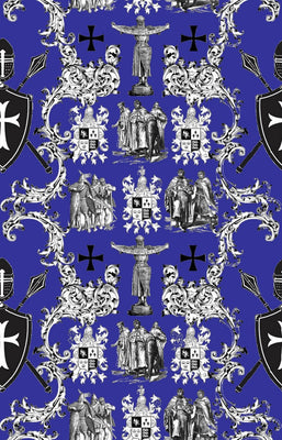 Tissu toile de Jouy bleu marine au mètre rideau couette coussin l'Ordre des Templiers